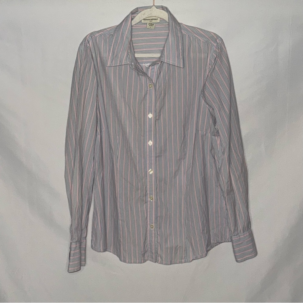 Banana Republic Fitted Non-Iron Blue Pink Striped Button-Up Shirt Size Large EUC